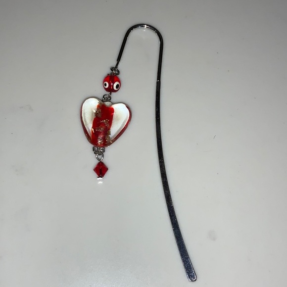 Handmade Red Art Glass Bookmark New Hook is Silver Metal Heart is Red and Clear - Picture 2 of 3